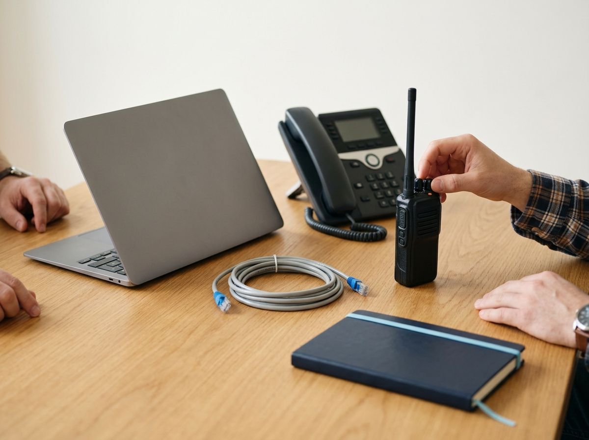 A laptop, desk phone and two-way radio on a workshop table as two people work.