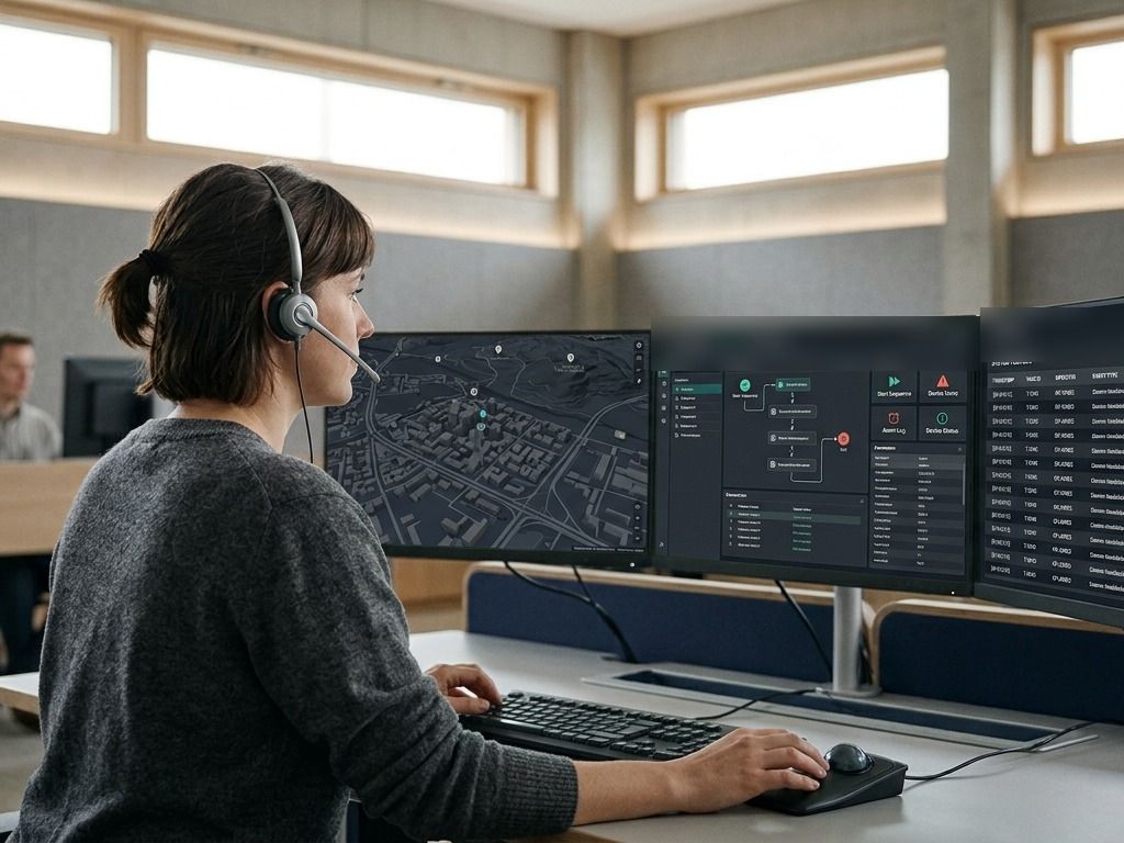 A dispatcher wearing a headset works at a desk with three wide monitors in a bright operations room, with a colleague in the background.