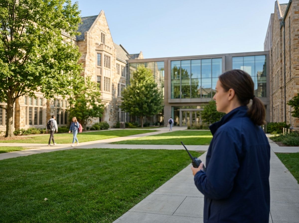 A campus staff member with a radio looks across a sunlit university courtyard where students walk.